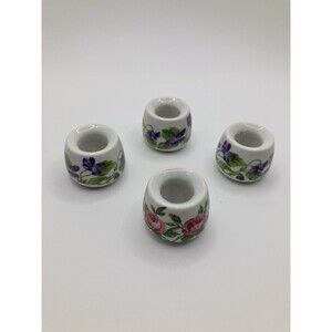 Porcelain Pink Rose Purple Flower Mini Taper Ceramic Candle Holders West Germany